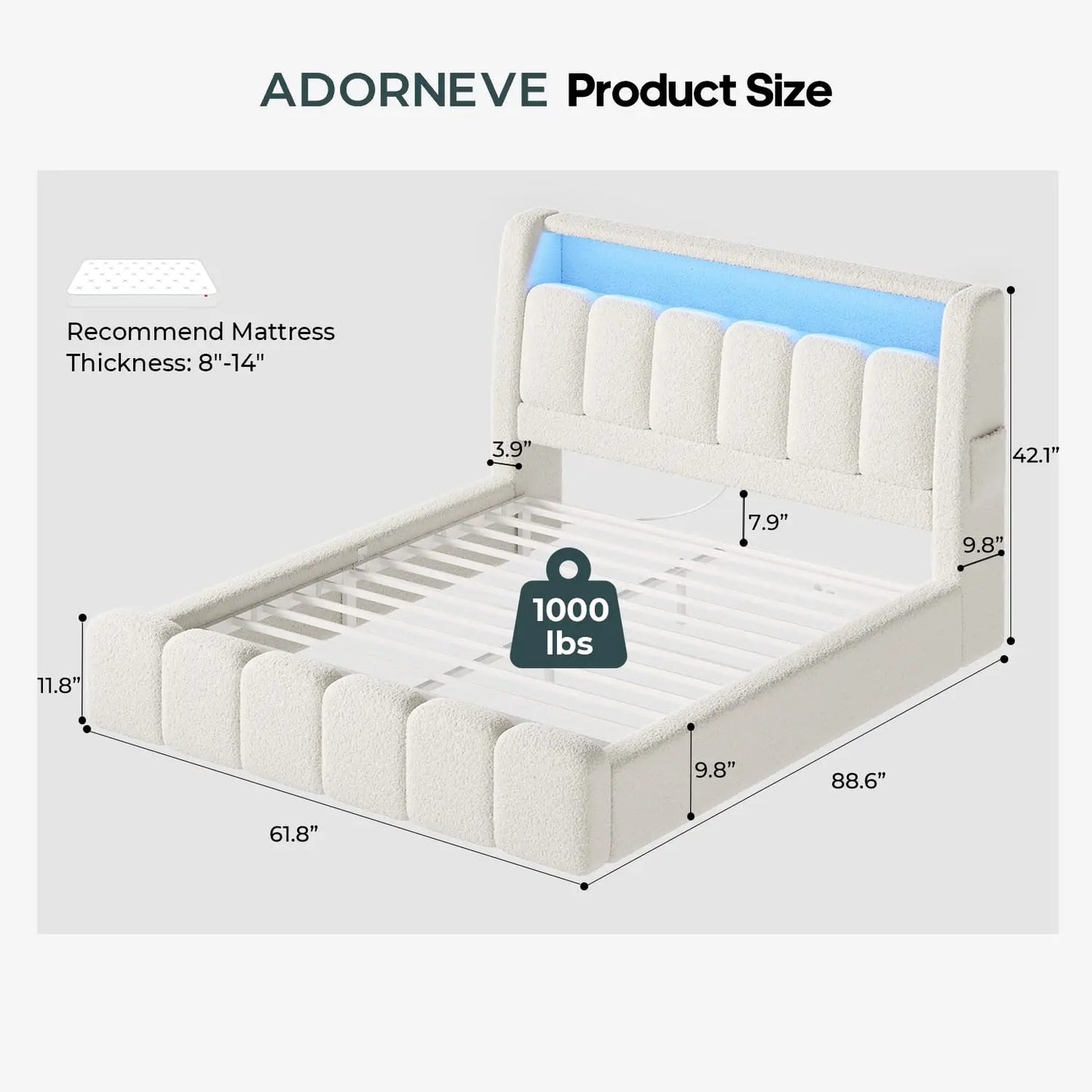 Base de Cama Nube Tamaño Completo, Acolchada con Espuma Engrosada, Color Blanco Crema |   Cabecera con Almacenamiento, Luces LED, Estación de Carga, Personalizable