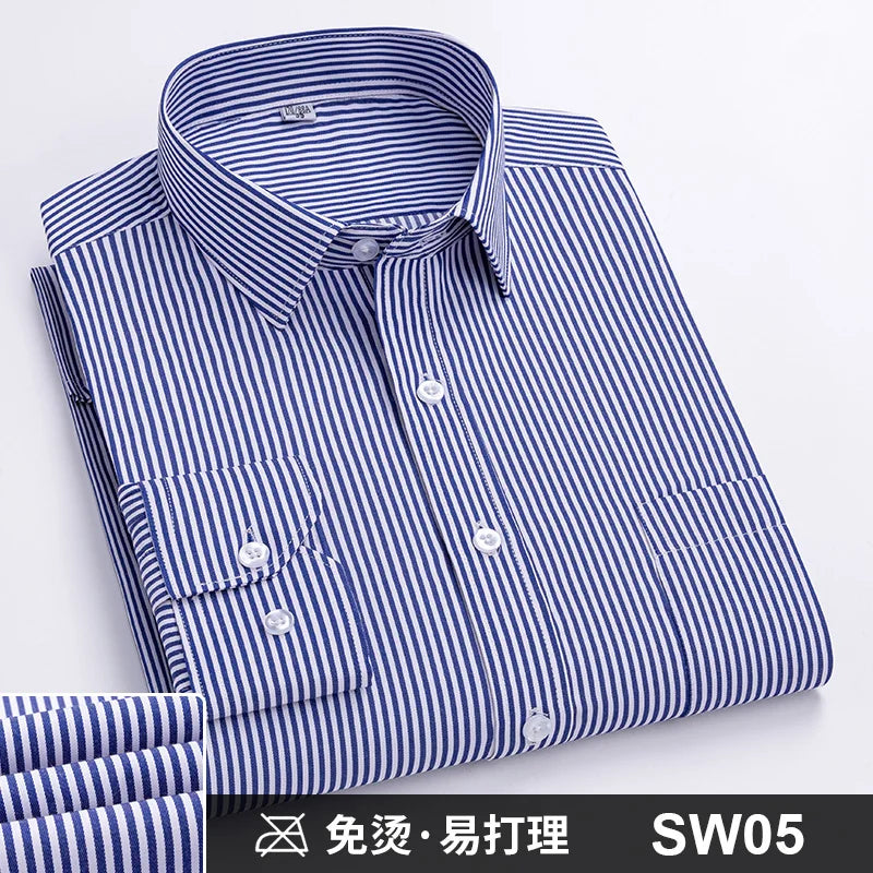 Camisa Formal de manga larga para hombre S ~ 8XL, camisas blancas de negocios de moda de gran tamaño a rayas de Color sólido, antiarrugas y sin planchar