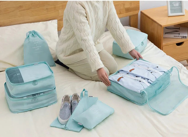 Juego de 7/8/9 piezas de bolsas de almacenamiento de viaje, artículos de tocador digitales, zapatos, bolsa organizadora de ropa, maleta, bolsa ordenada para ropa, juego de cubos de embalaje