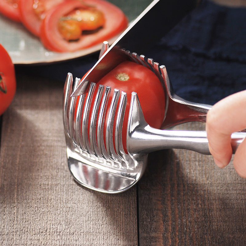 Práctico soporte de acero inoxidable para cebolla, rebanador de patatas, tomate, cortador de frutas y verduras, herramientas de cocina de seguridad, accesorios