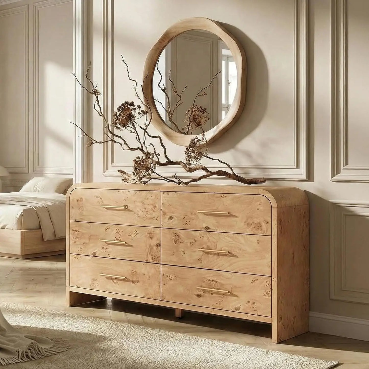 Curved 6-Drawer Dresser 54" Wide Modern Chest Vanity TV Stand Closet Nursery Hallway Oak, Customized