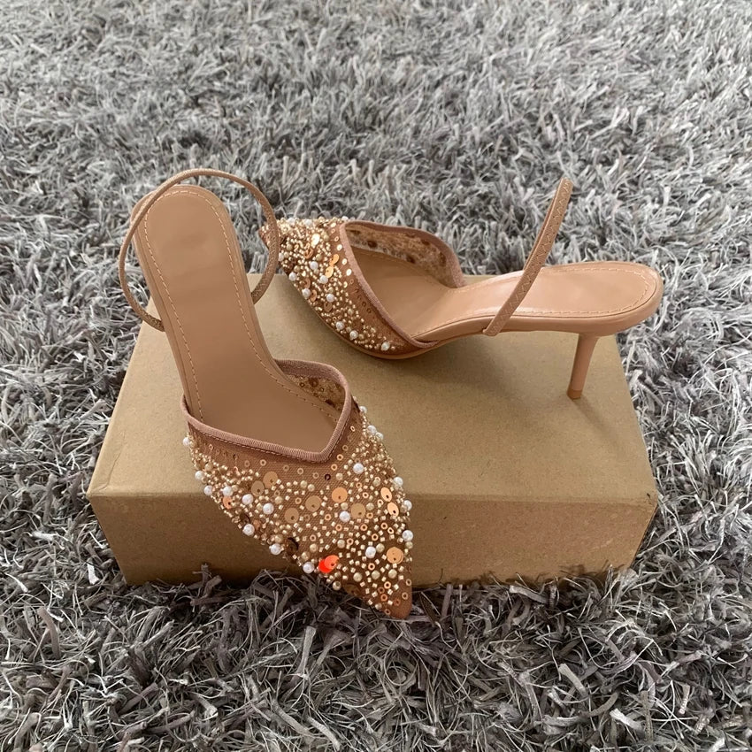 Zapatos de fiesta formales de tacón alto a la moda para mujer, sandalias modernas de lujo con lentejuelas y perlas de aguja Elengat de malla