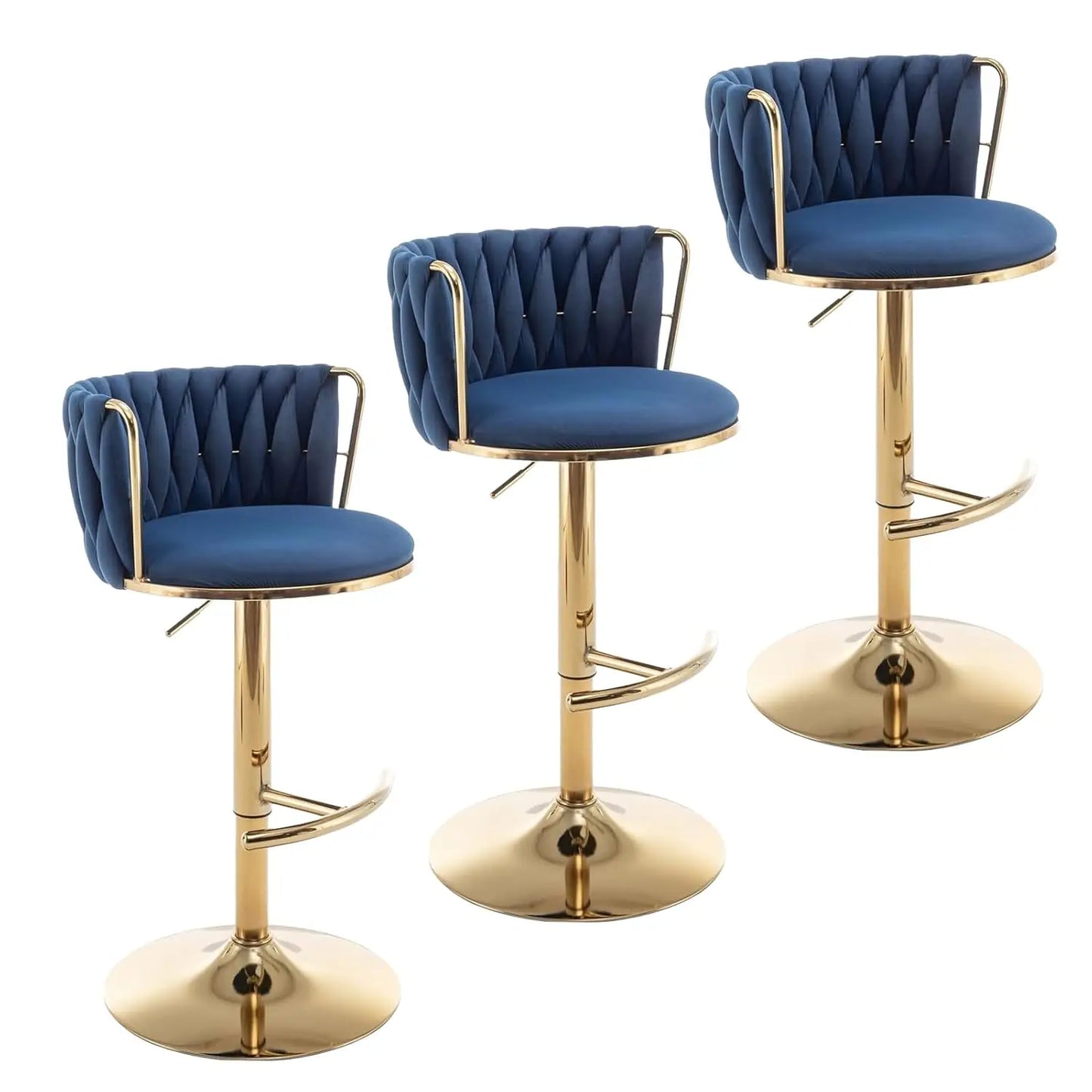 Juego de 3 Taburetes de Bar de Terciopelo Dorado, Taburetes Giratorios con Respaldo para Barra de Cocina, Ajustables y Tejidos, Personalizables
