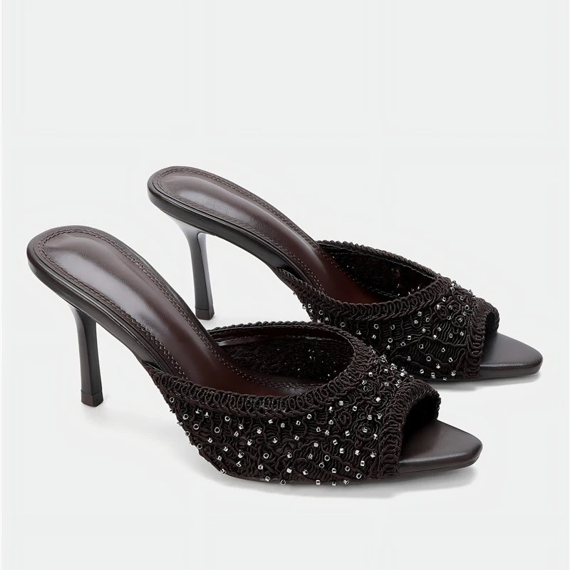 Aligaia 2026 Elegantes Sandalias de Tacón Alto para Mujer, con Cuentas, Punta Abierta, Casuales, de Diseñador, para Verano
