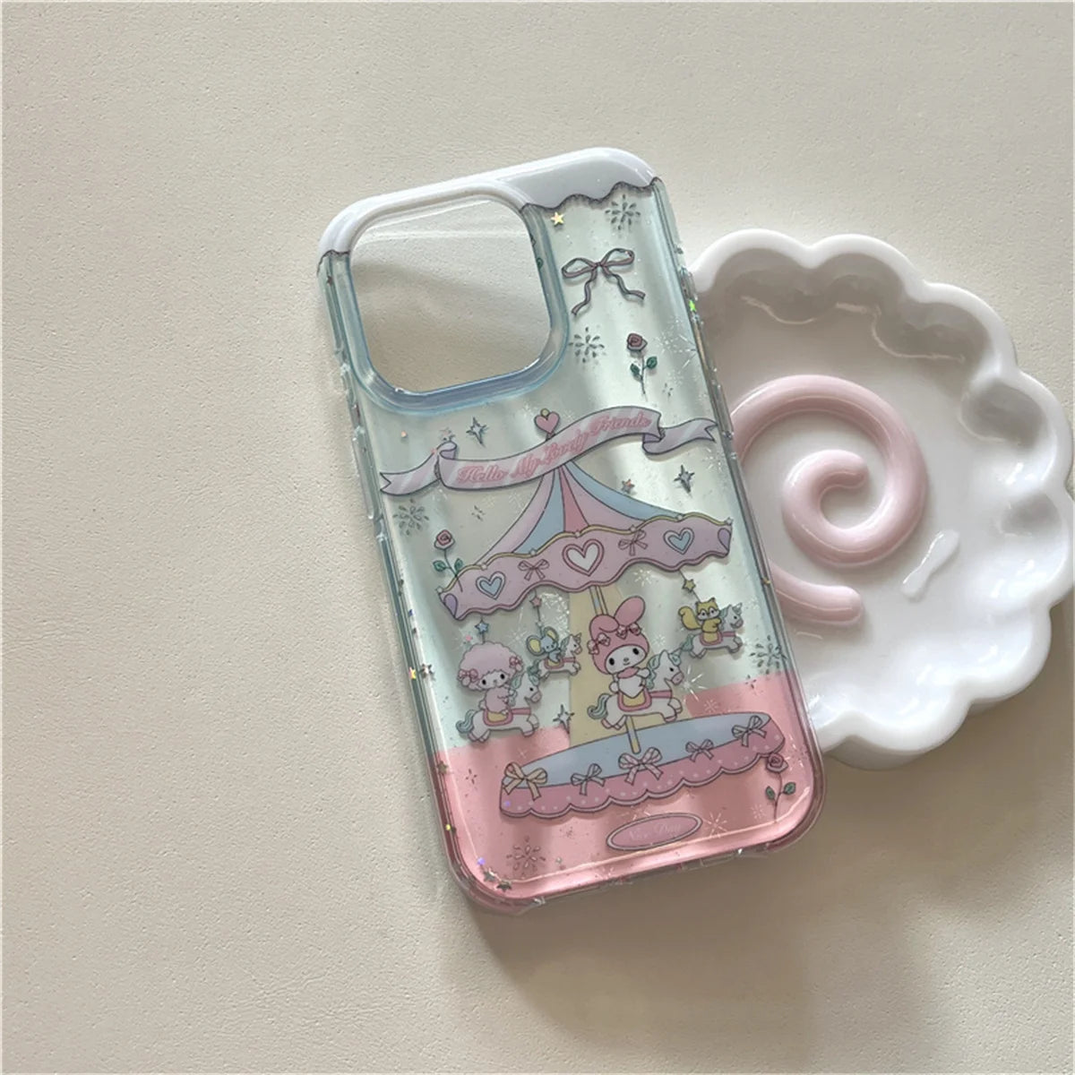 Funda de teléfono Kawaii carrusel Melody Bow para iPhone 16 Pro 15 14 Pro Max, funda con correa de cadena de mano, fundas bonitas a prueba de golpes