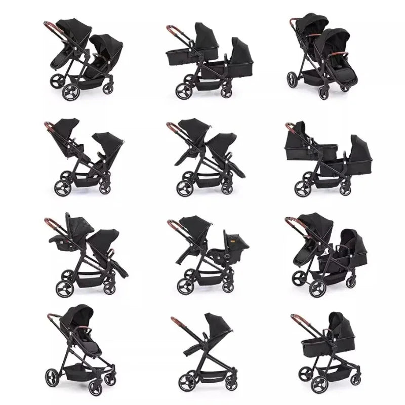 Nuevo cochecito doble de STOCK europeo con 2 asientos de coche, cochecito de bebé 3 en 1, multifuncional, ligero, portátil para niños dobles