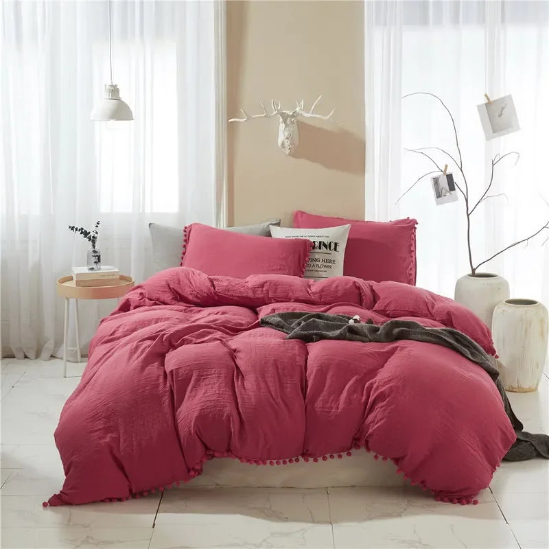Funda de edredón suave y lavada, Juego de 3 piezas, funda de almohada, juego de ropa de cama para Twin, Full, Queen, King Size, decoración de pompones