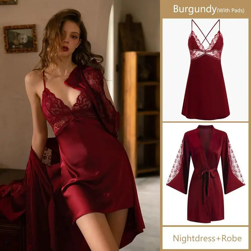 Sexy Intimate Lingerie Perspective Nightwear Lace Patchwork Home Wear Robe Suit Lady Kimono Gown Sleepwear Satin Nighty Bathrobe