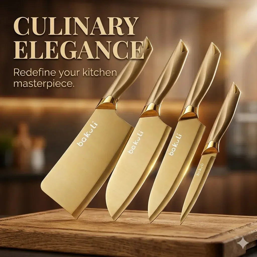 Juego de Cuchillos de Cocina Dorados de 4 Piezas, Hojas con Revestimiento de Titanio Antiadherente, Mango Ergonómico, Cuchillo de Chef, Cuchillo Multiusos, Cuchillos para Frutas para el Hogar