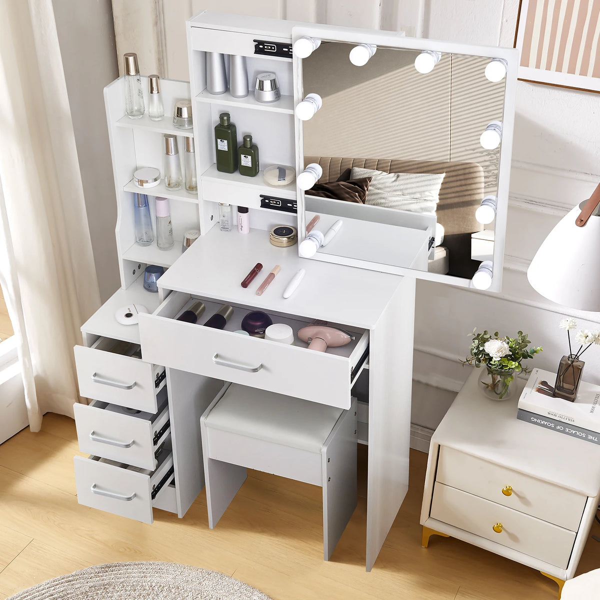 Mesa de tocador LED con espejo deslizante, escritorio de maquillaje blanco, taburete de 4 cajones, tocador para mujer, muebles glam