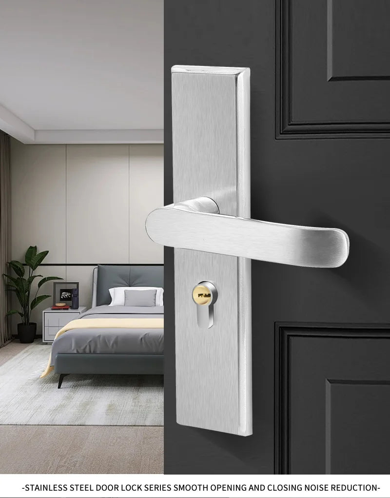 Juego de cerradura de puerta de acero inoxidable 304, manija de palanca de puerta Interior silenciosa para dormitorio, baño, manija de prensa, cerradura para puerta de madera maciza