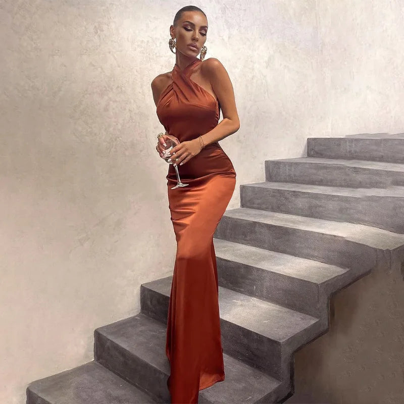 Vestidos de Fiesta Elegantes para Mujer, Vestido Maxi con Cuello Halter y Detalle Cruzado en la Parte Delantera, Vestido de Noche Ajustado
