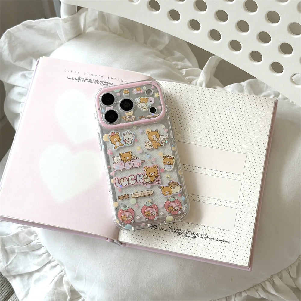 Funda de Teléfono con Diseño de Rilakkuma y Fresas para iPhone 17 Pro, 16 Pro Max, 15 Pro, con Cadena, Fundas Kawaii de Dibujos Animados, Antigolpes