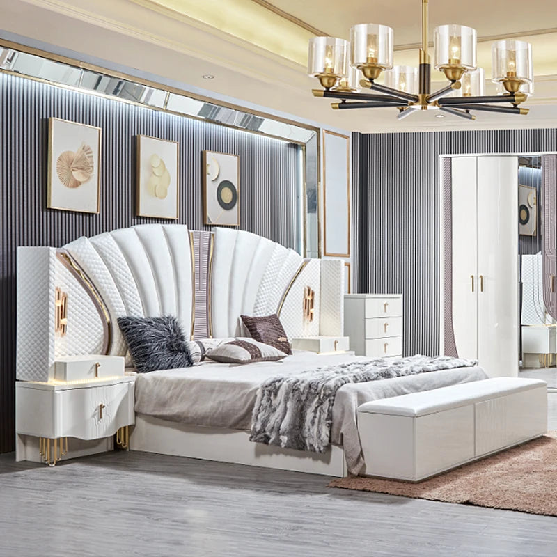 Juego de cama doble King Size con marco de madera dorada de lujo real, Villa para el hogar, diseño moderno clásico, juegos de dormitorio completos de madera, muebles