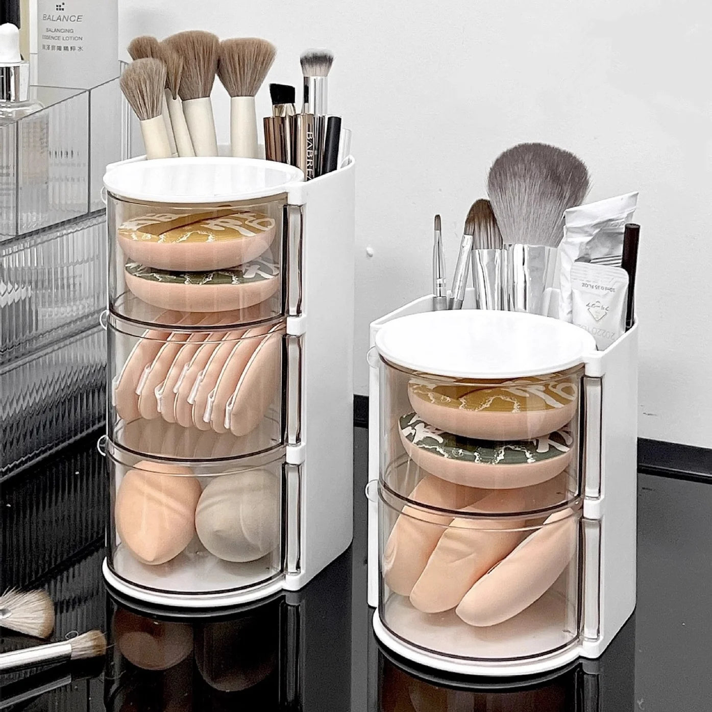 Caja de Almacenamiento de Accesorios para el Cabello de Varias Capas, Organizador de Joyas Transparente Giratorio, Estuche de Escritorio para Brochas de Maquillaje y Esponjas