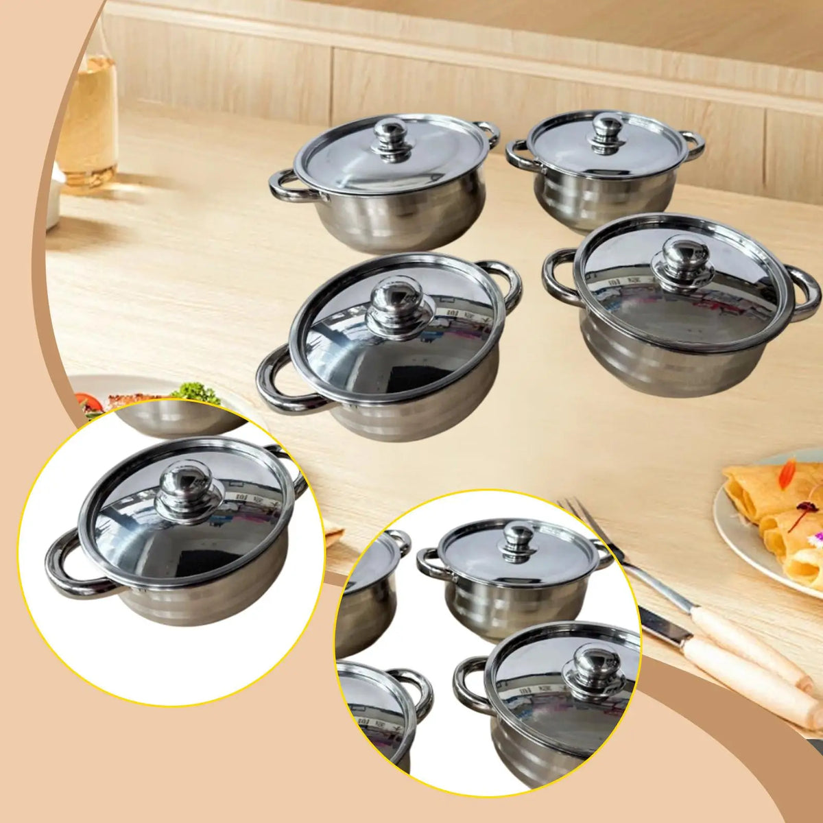 Juego de 4 Ollas de Acero Inoxidable con Tapa, Utensilios de Cocina, Olla para Sopa