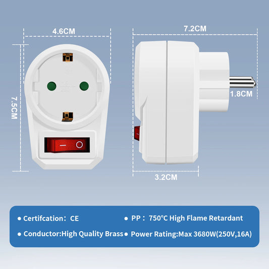 Adaptador de enchufe estándar europeo con interruptor de encendido/apagado, 16A, 250V, enchufe de conversión de la UE, toma de corriente portátil, 1/2/3 Uds.