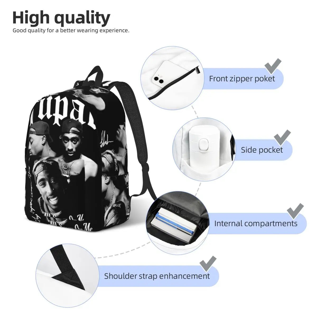 Mochila de hip hop del rapero Tupac 2PAC, mochila de gran capacidad para niños, mochila escolar, bolsos de hombro para hombres y mujeres
