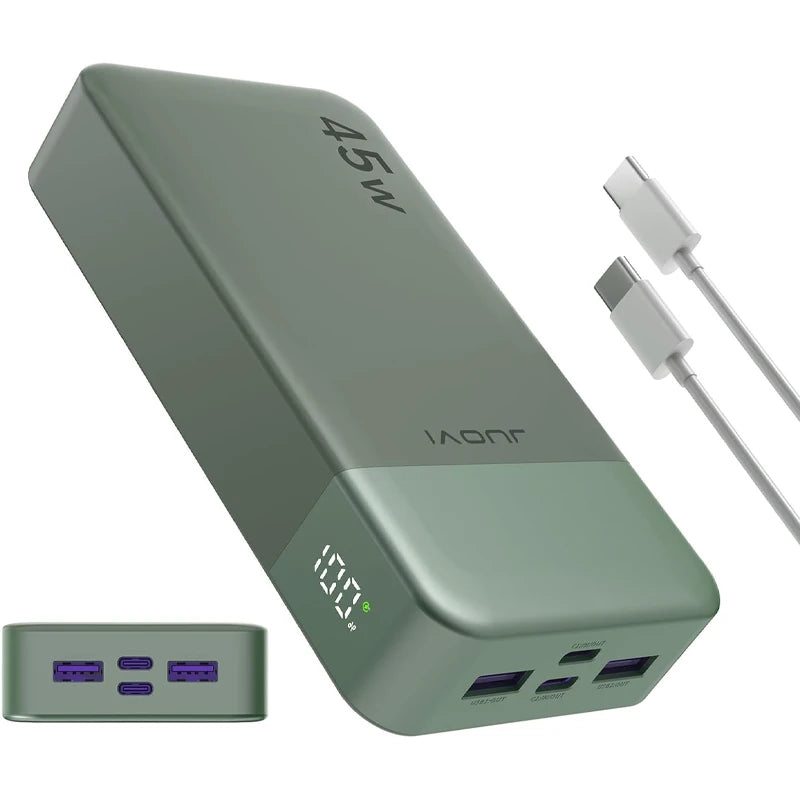 Banco de Energía JUOVI de 20000 mAh, Cargador Portátil de Carga Rápida de 45 W, Batería Externa con Pantalla LED para iPhone, Android y Laptop