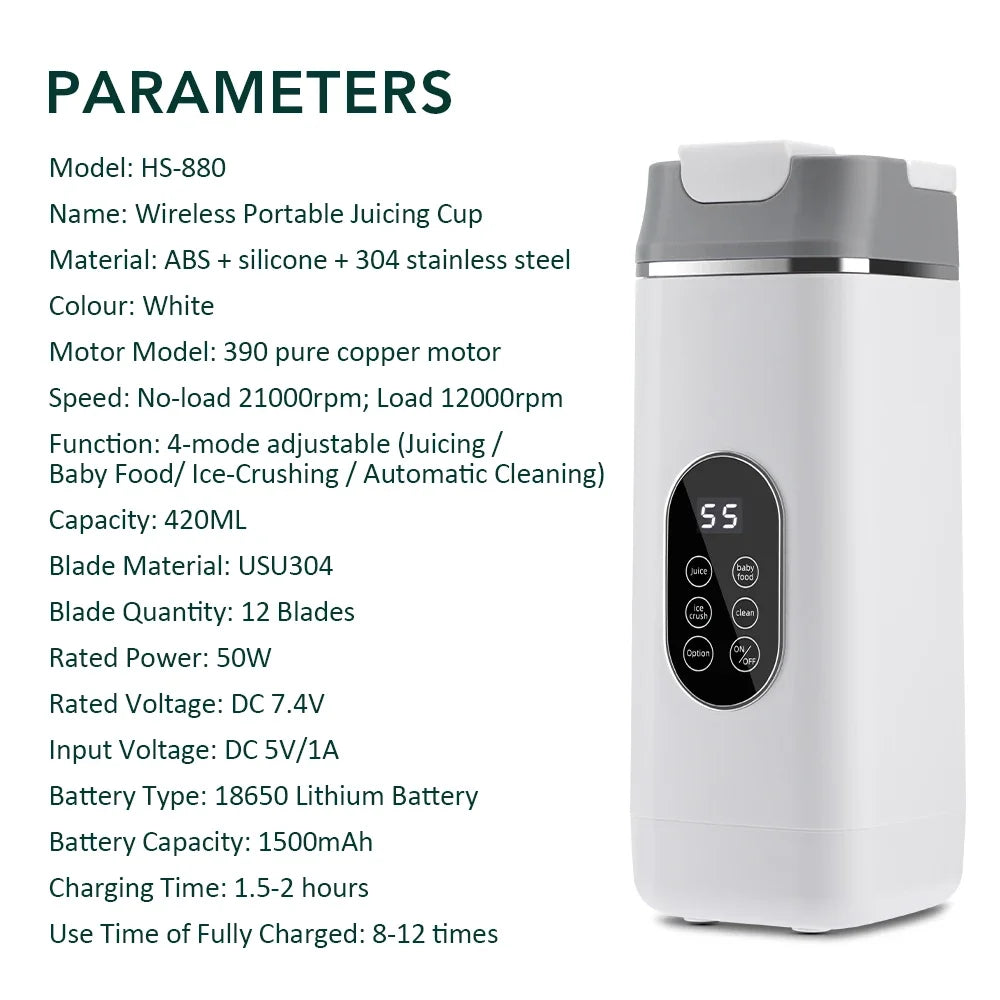 Licuadora Eléctrica Portátil de 400 ml, 2 Tazas, Mini Licuadora Multifuncional Inalámbrica para el Hogar, Recargable por USB, Vaso Mezclador Pequeño
