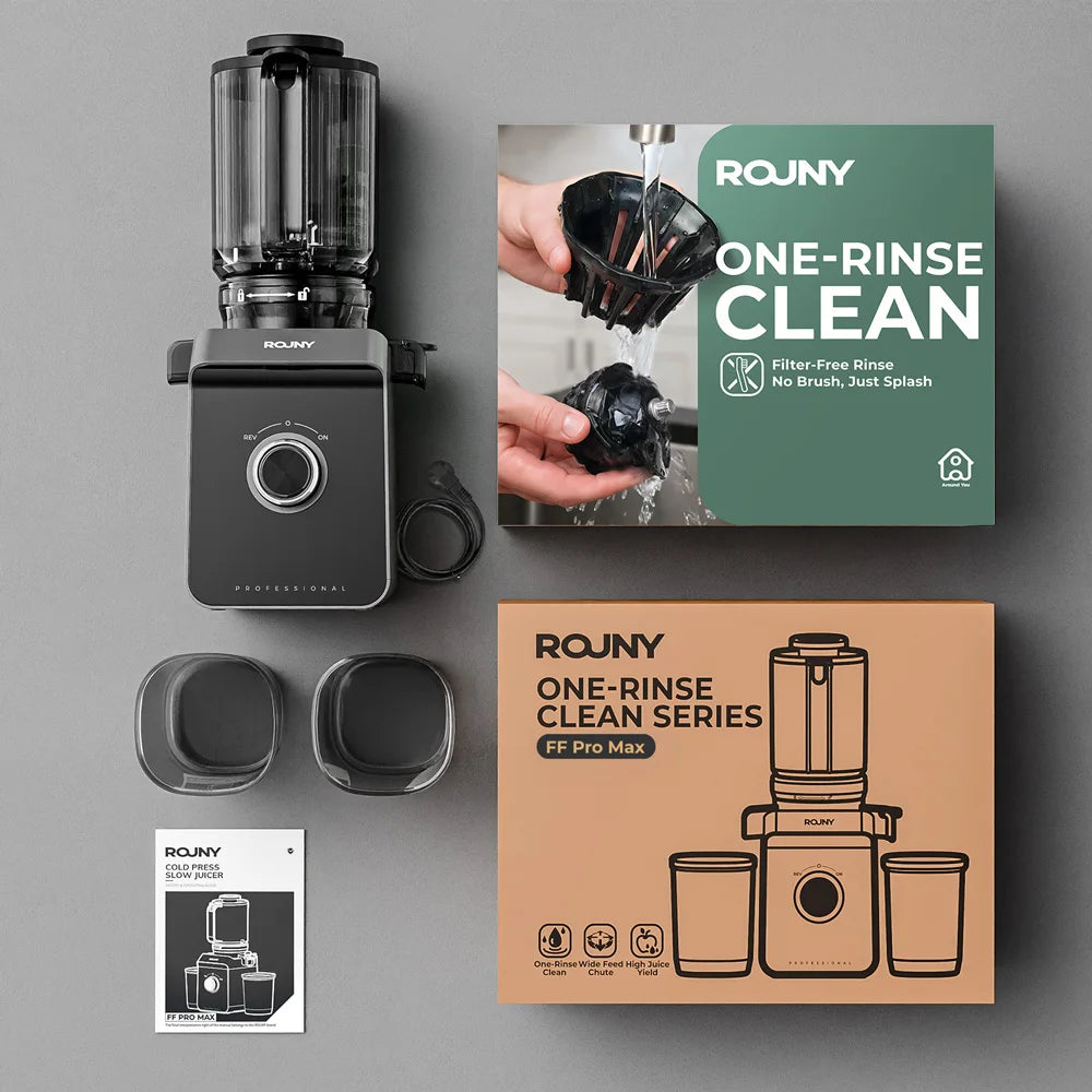 ROUNY Exprimidor lento, extractor de prensa en frío con sin filtro, máquina exprimidora de frutas eléctrica de fácil limpieza con gran calibre, negro