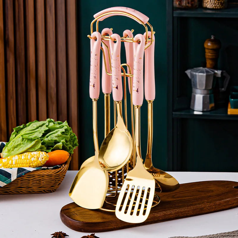 Espátula de acero inoxidable con mango de cerámica, juego de utensilios de cocina nórdicos, 7 unidades