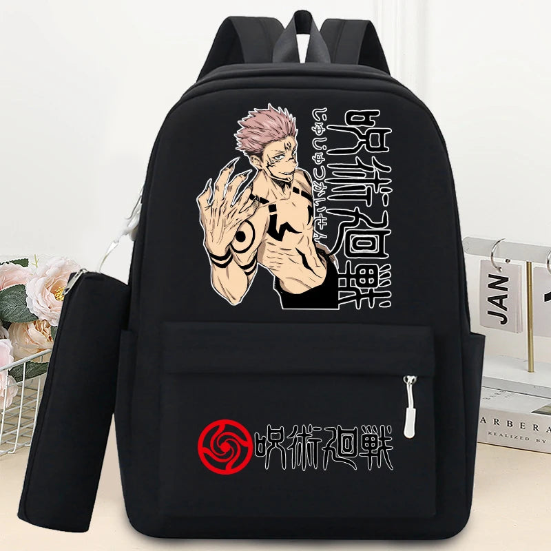 Mochilas Jujutsu Kaisen de 2 piezas con estuche para lápices para estudiantes, mochila escolar con estampado de dibujos animados, mochila de moda para guardar libros y artículos de papelería