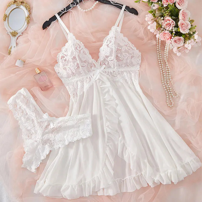 Traje con tirantes, camisón ultrafino de verano, conjuntos de Tanga de encaje, pijamas sexis para mujer, lencería, vestido de noche caliente, ropa de dormir cómoda