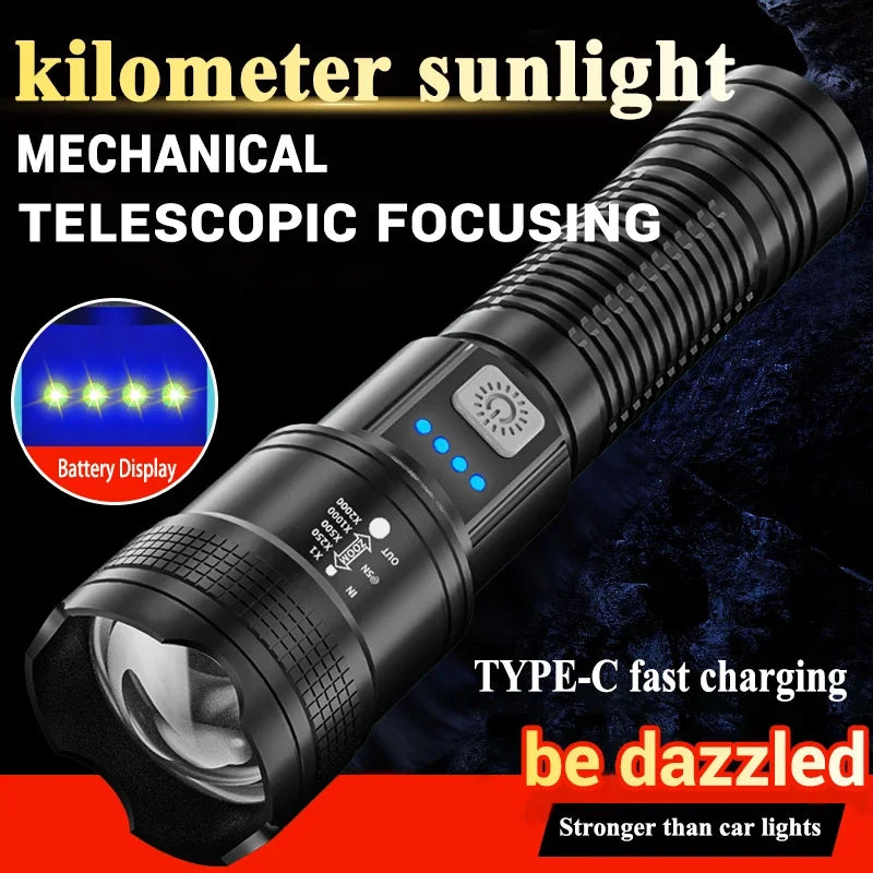 Linternas Led de alta potencia y fuerte, linterna táctica de 2000LM con luz de pantalla, carga USB, Camping, pesca, linterna con Zoom de emergencia