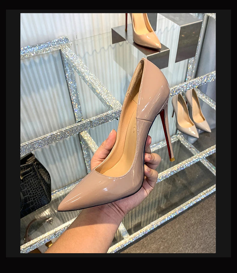 Zapatos de mujer 2025, marca de lujo, zapatos de tacón con suela roja, fondo rojo, puntiagudos, tacones altos de diseñador, zapatos elegantes de fiesta a la moda para mujer, 12cm