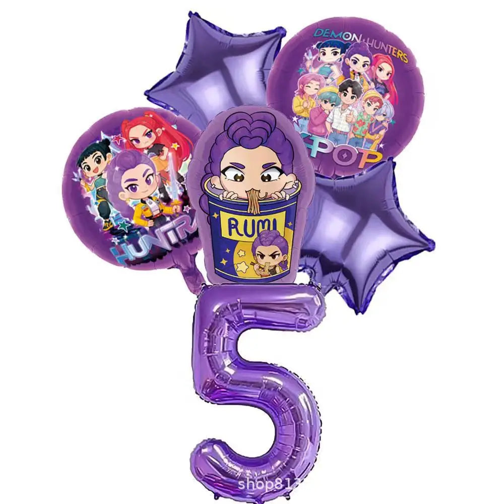 Set de Globos de Aluminio K-Pop para Grupo de Chicas, Números del 1 al 9 y Globos de Estrellas Púrpuras, Adornos para Pastel para Fiestas de Cumpleaños y Accesorios para Fotos