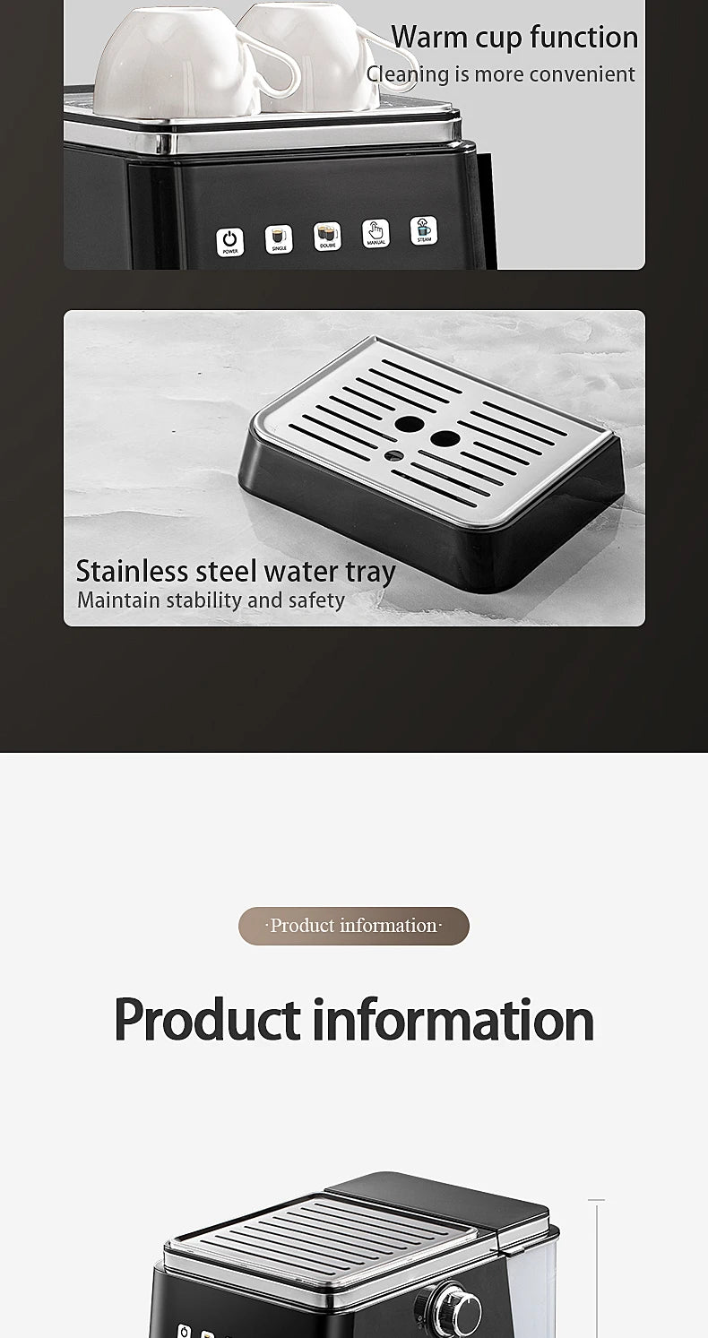 Cafetera Espresso de 20 Bares de Presión, Calentamiento Rápido en 20s, Extracción Automática, Espumador de Leche, Cafetera Barista para el Hogar, Tanque de Agua de 1.5L