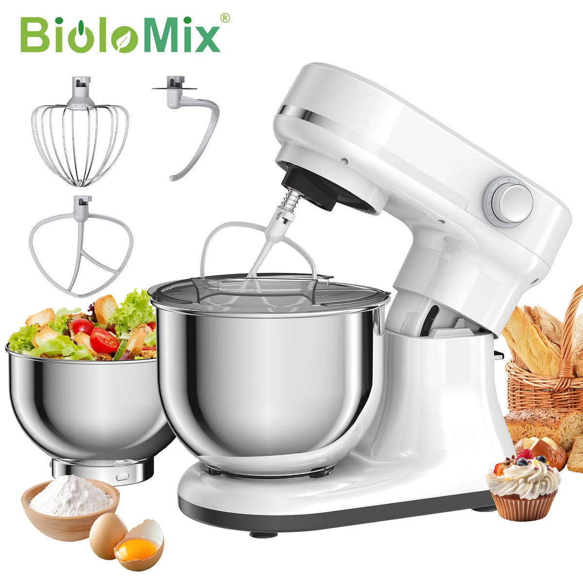Batidora de Pedestal BioloMix de Doble Tazón y 8 Velocidades – Tazones Intercambiables de 5.5L y 4L, Batidor de Varillas, Gancho Amasador y Batidor Plano