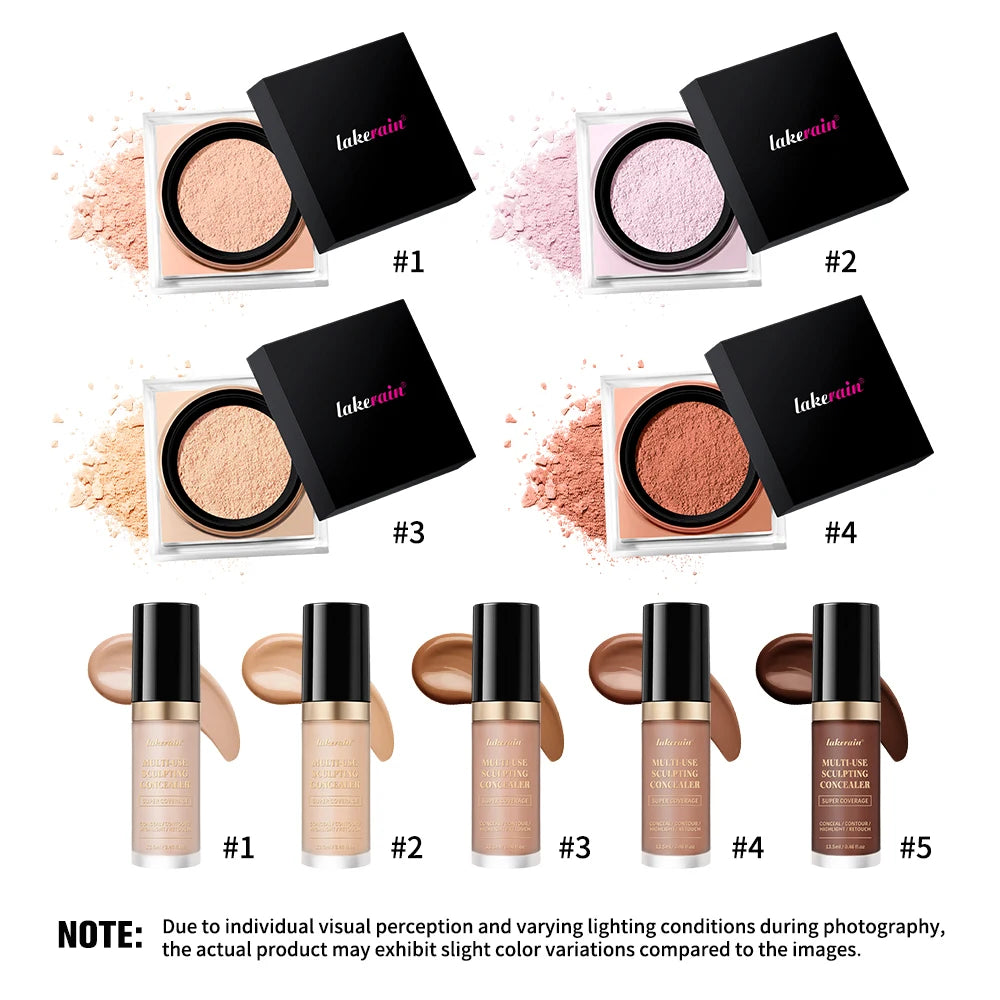Juego de maquillaje facial de 2 piezas con corrector y polvo fijador suelto, acabado mate natural para el rostro, cosméticos para mujer, maquillaje coreano