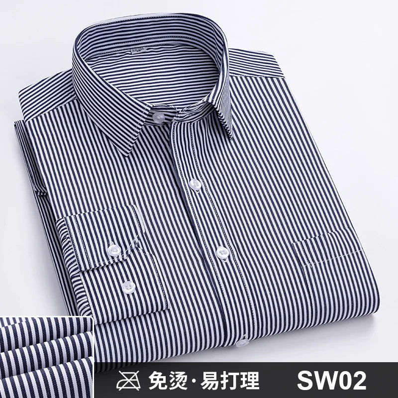 Camisa Formal de manga larga para hombre S ~ 8XL, camisas blancas de negocios de moda de gran tamaño a rayas de Color sólido, antiarrugas y sin planchar