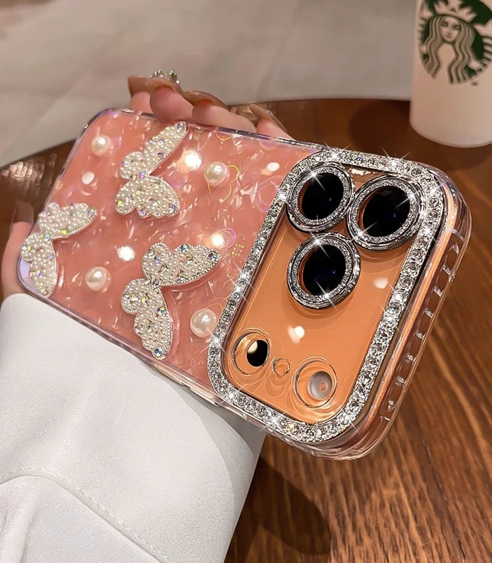 Funda de teléfono con purpurina y diamantes para iPhone 17 Air 11 12 13 16 Pro Max 15 14 16 Plus 17Pro Max, funda protectora de mariposa bonita