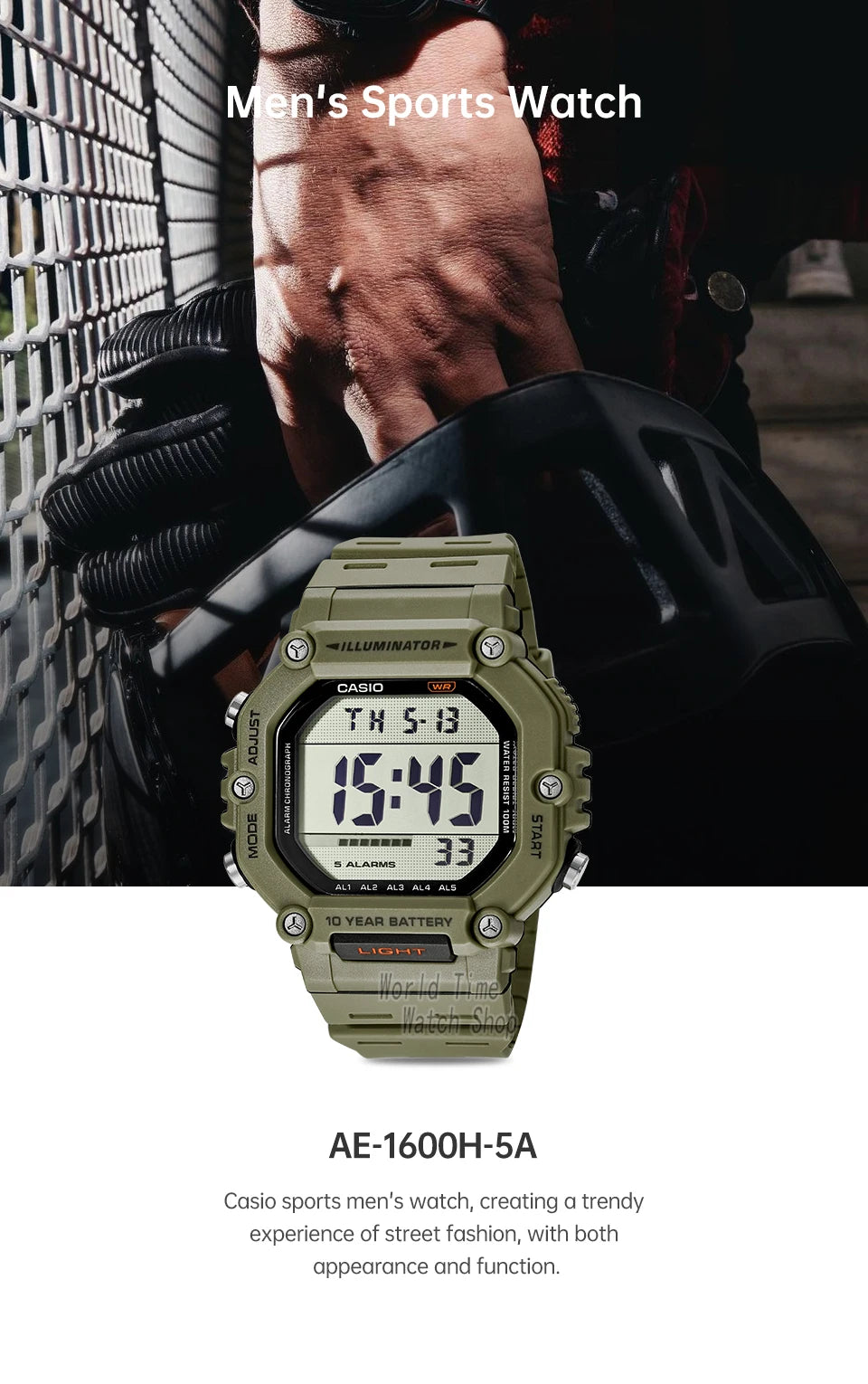 Reloj Casio con batería de 10 años de duración, 100m, resistente al agua, moda deportiva, reloj electrónico multifunción para exteriores, reloj masculino AE-1600