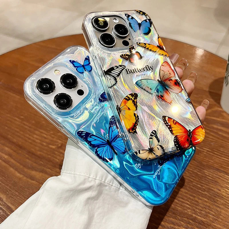 Funda de teléfono de arena con plumas graduales plateadas y mariposas de lujo para iPhone 16 15 14 13 12 11 Pro Max X XR 7 8 Plus, funda con cordón