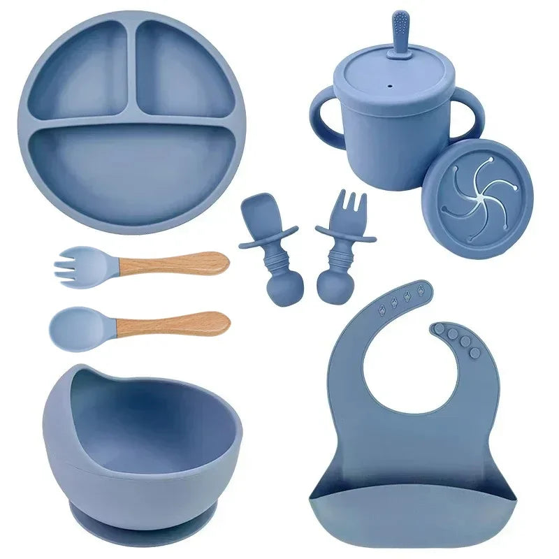Juego de platos de silicona de grado alimenticio para niños, tazón de alimentación de bebé, plato de succión, taza de paja, cuchara de madera, tenedor, vajilla para niños, platos para niños pequeños