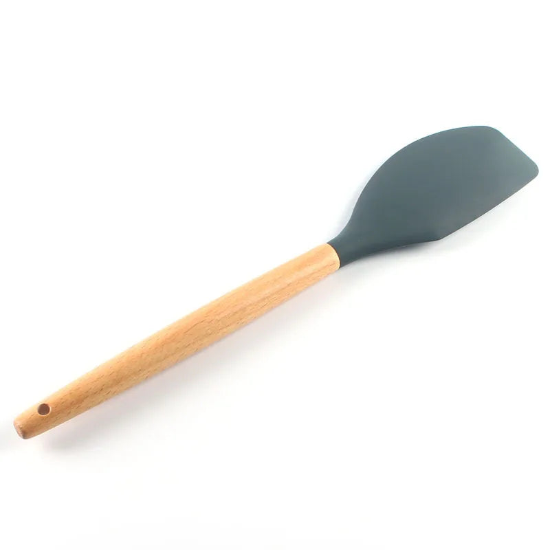 Juego de 12 utensilios de cocina de silicona con mango de madera, espátula antiadherente, cuchara para sopa y freír