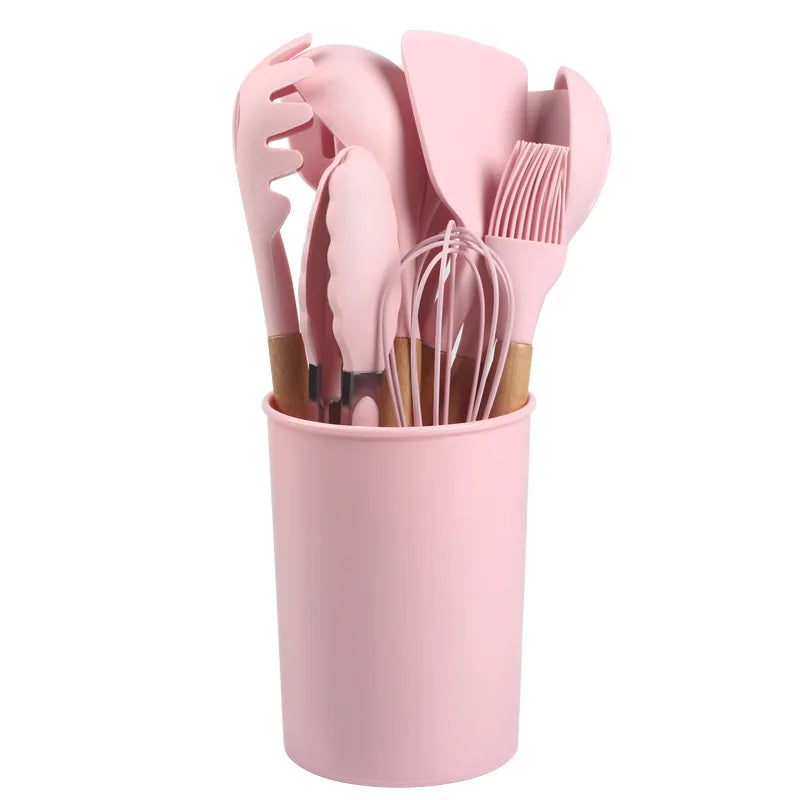 Juego de 12 utensilios de cocina de silicona con mango de madera, espátula antiadherente, cuchara para sopa y freír