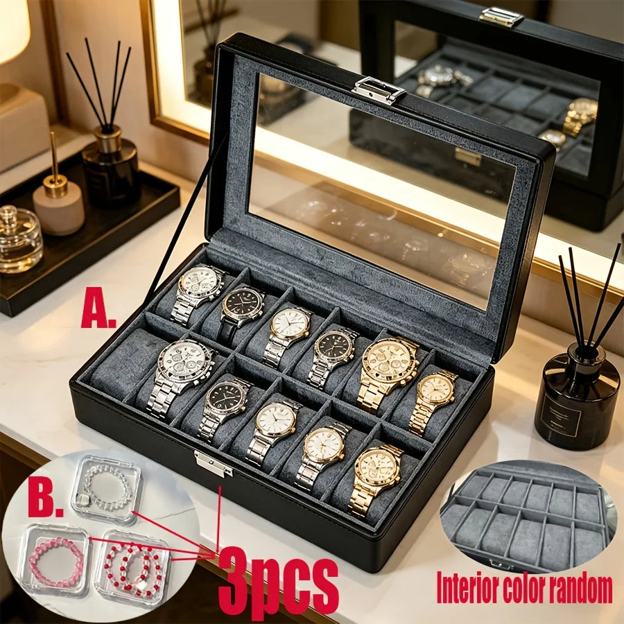 Estuche de Cuero para 12 Relojes para Hombre con Cerradura, Organizador de Relojes de Lujo + 3 Cajas Transparentes para Guardar Pulseras, Juego de 4 Piezas