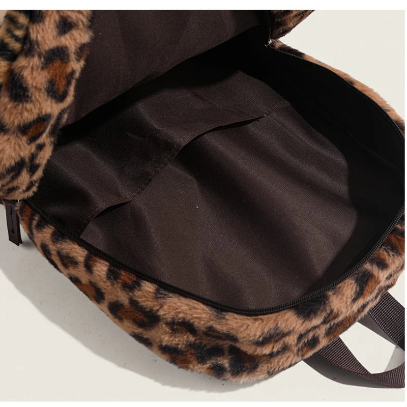 Mochila con estampado de leopardo, mochila de cabina de avión a la moda, bolso escolar de gran capacidad, bolsas suaves de felpa versátiles, Mochilas para Mujer 2025