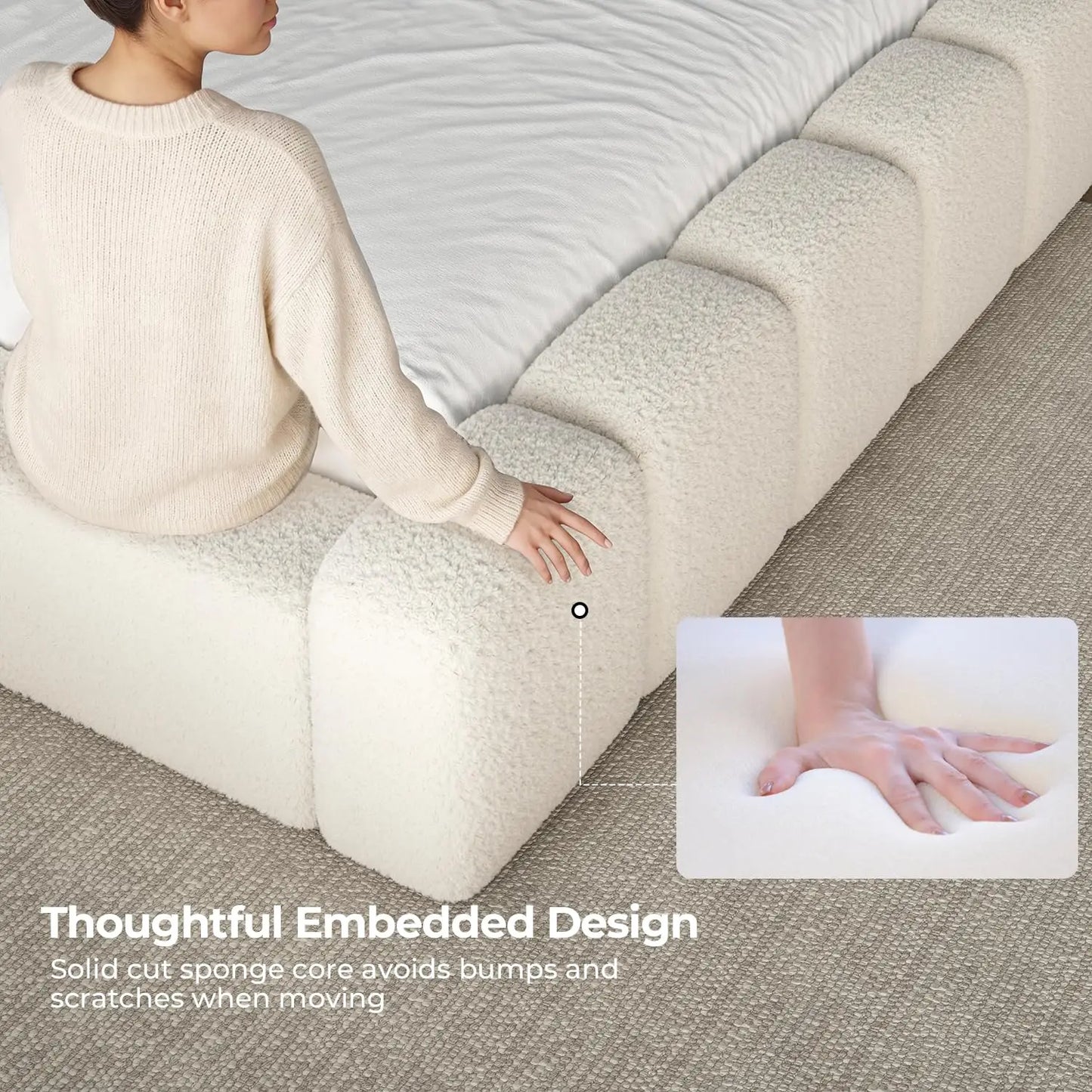 Base de Cama Nube Tamaño Completo, Acolchada con Espuma Engrosada, Color Blanco Crema |   Cabecera con Almacenamiento, Luces LED, Estación de Carga, Personalizable