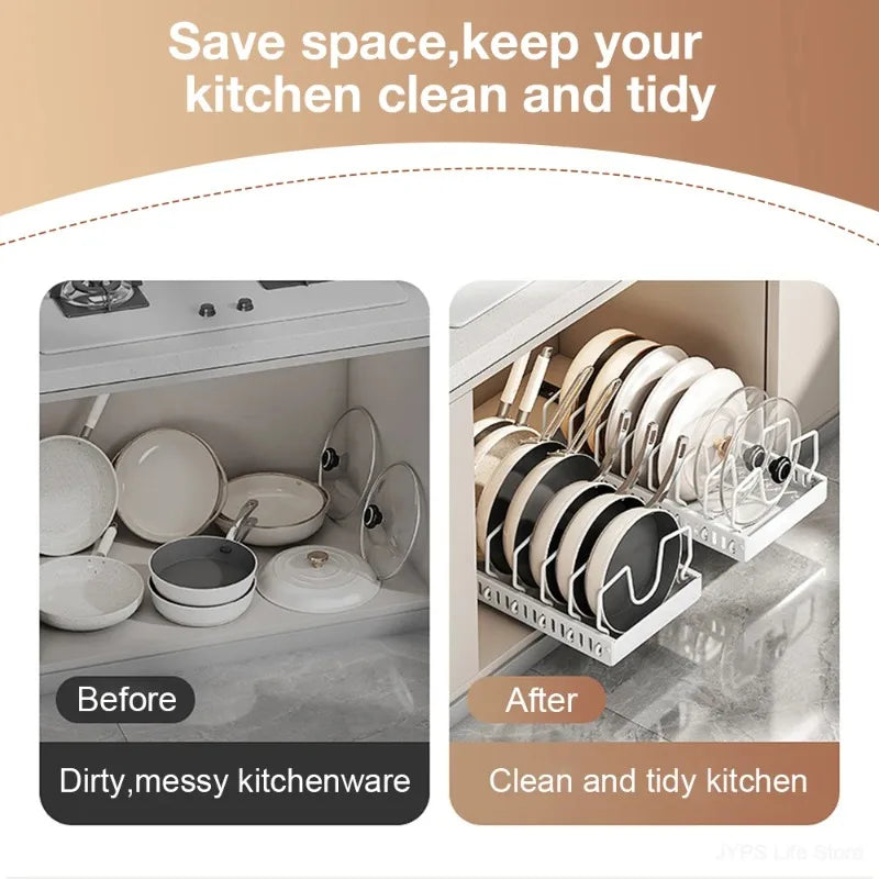 Organizador Multifuncional de Cocina Extraíble para Ollas/Sartenes, Soporte Deslizante para Tapas, Estante para Especias y Escurridor de Platos, Organizador de Cajones