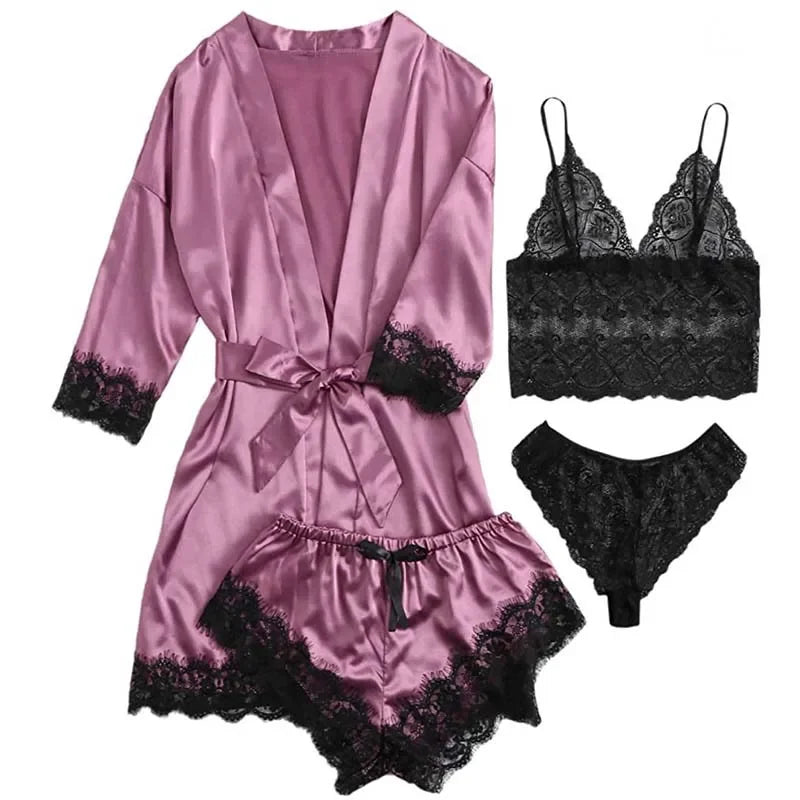 4 piezas ropa de dormir para mujer pijamas Ser con bata lencería de encaje Sexy Albornoz satén de seda ropa de dormir para el hogar bata