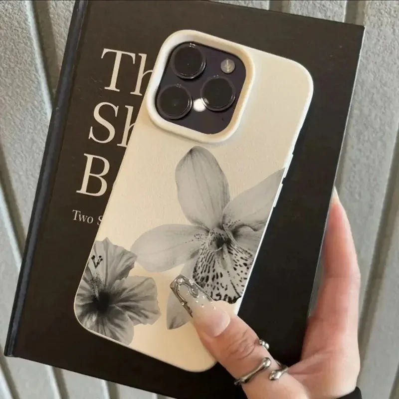 Funda de Teléfono con Patrón Floral en Blanco y Negro para iPhone 16 17 15 14 Pro Max 12 11 13 Plus 17 Air, Funda Protectora Suave con Patrón Lichee
