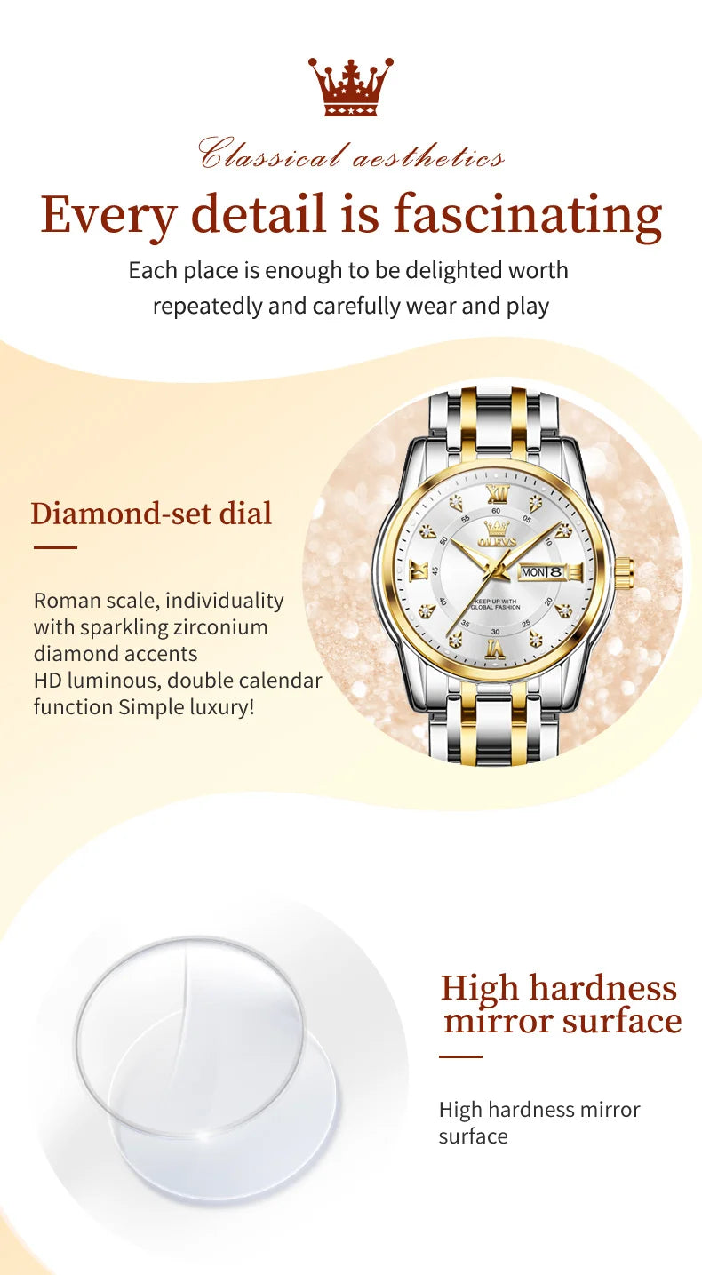Relojes OLEVS para mujer, reloj de pulsera luminoso resistente al agua de acero inoxidable Original dorado a la moda, reloj clásico elegante para mujer con fecha