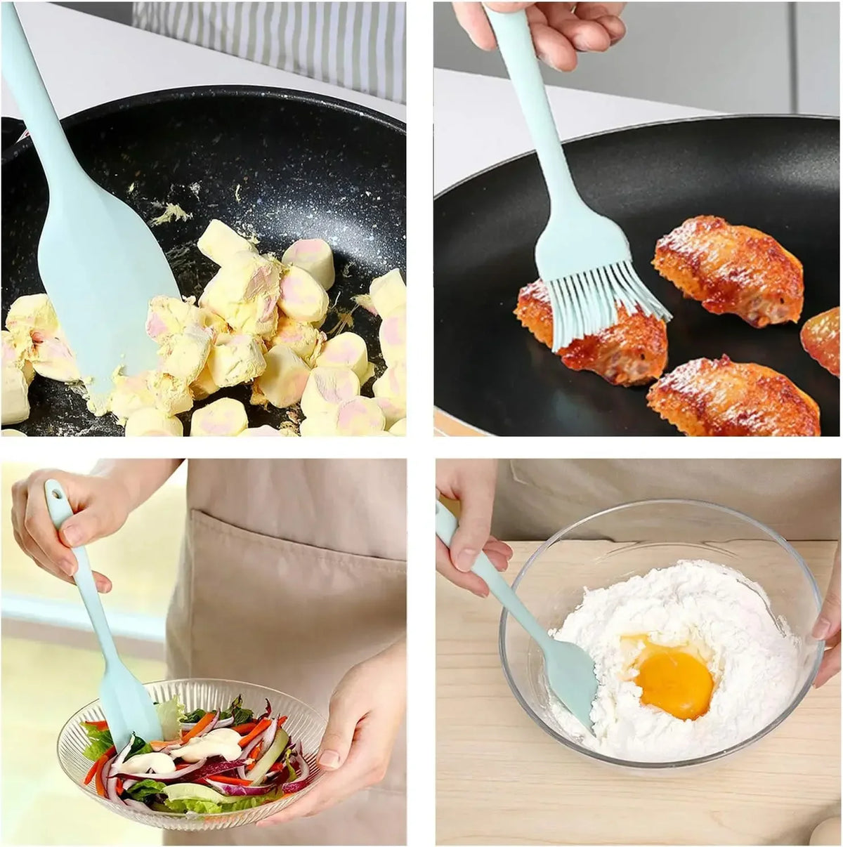 Juego de utensilios de cocina de silicona de 6 piezas, espátula integrada color crema, cepillo para aceite, juego de espátulas de diferentes tamaños