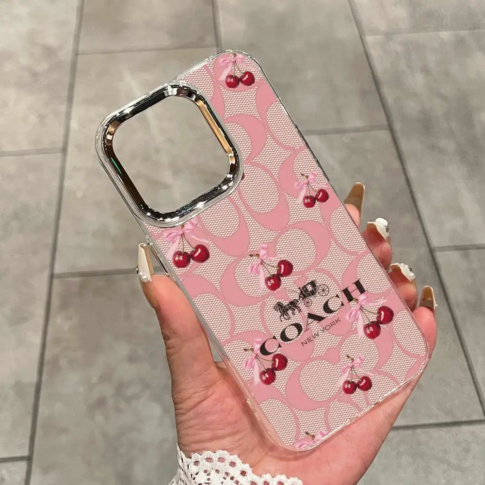 Funda C-Coach-s Cherries para iPhone 17 16 15 Pro MAX 14 13 12 16e 15Pro Plus, Carcasa Plateada 17Air, Fundas IMD